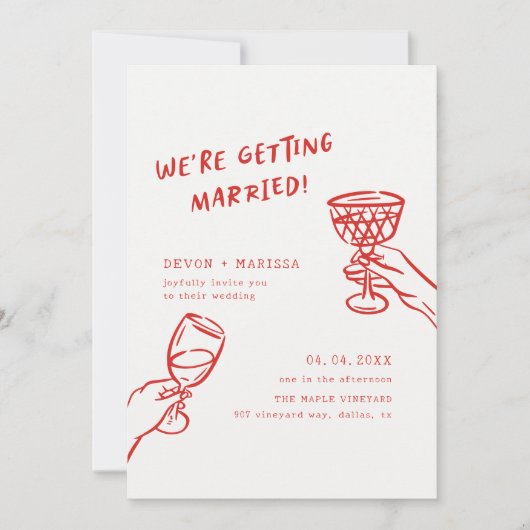 Funky Red Fun Illustrierte Hochzeit verheiraten Einladung (Vorderseite)