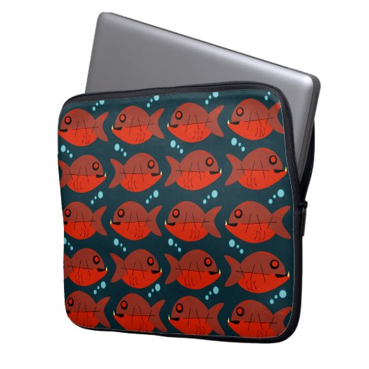 Funky Red Retro Piranha Fish Art Muster Laptopschutzhülle (Vorderseite Links)