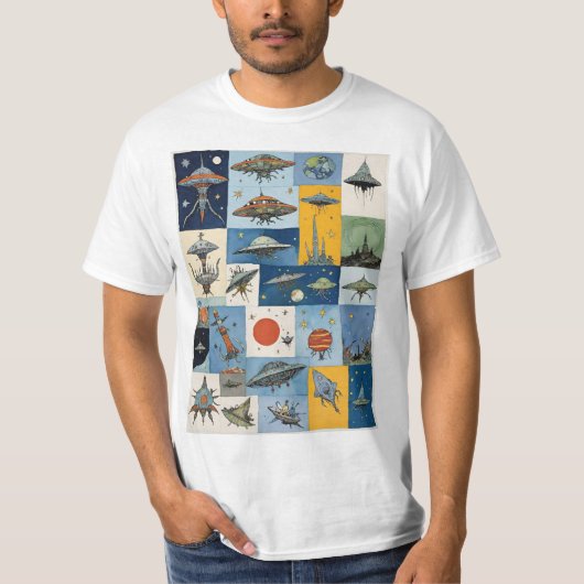Funky Retro-Alien-Raumschiffe T-Shirt (Vorderseite)