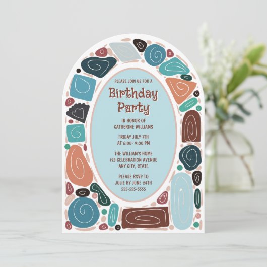 Funky Retro Birthday Einladung Mitte Jahrhundert M (Stehend Vorderseite)