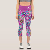 Funky Retro Blumenmuster mit Namen - lila blau Capri Leggings (Vorderseite)