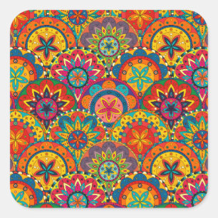 Funky Retro Colorful Mandala Pattern Quadratischer Aufkleber