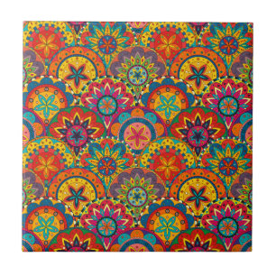 Funky Retro Farbige Mandala-Muster Fliese
