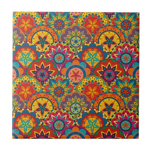 Funky Retro Farbige Mandala-Muster Fliese (Vorderseite)