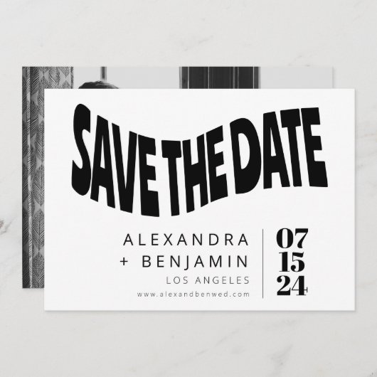 Funky Retro Groovy Einzigartiges Foto Weiß Schwarz Save The Date (Vorne/Hinten)