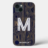 Funky Retro Groovy Navy Blue Gold Glitzer Monogram Case-Mate iPhone Hülle (Rückseite)