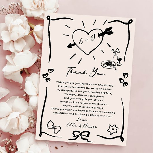 Funky Retro Hand Drawn Blac Wedding Danke Karte