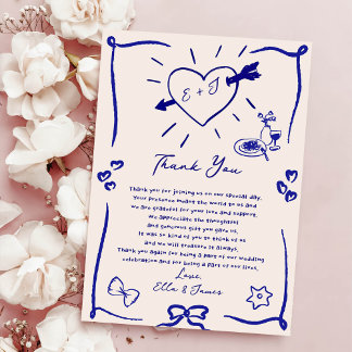 Funky Retro Hand Drawn Blue Wedding Danke Karte