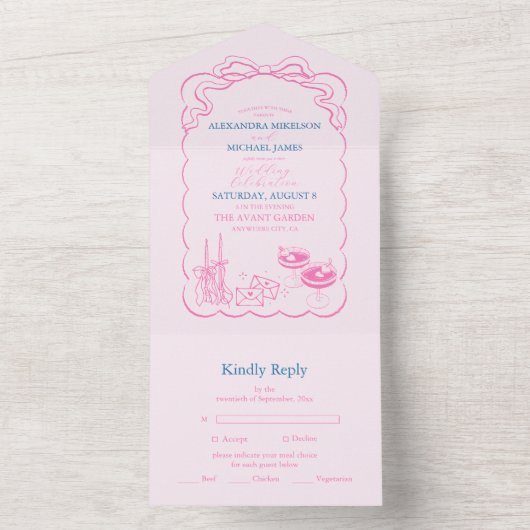 Funky Retro Hand gezeichnete Champagner Tower Wedd All In One Einladung (Innen Boden)