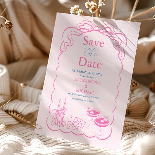 Funky Retro Hand gezeichnete Champagner Tower Wedd Save The Date