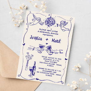 Funky Retro Hand gezeichnete Hochzeitessen Probe Einladung