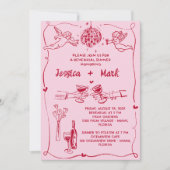 Funky Retro Hand gezeichnete Hochzeitessen Probe Einladung (Vorderseite)