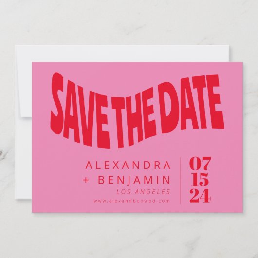Funky Retro Mod Einzigartig Rosa und Rotes Foto Save The Date (Vorderseite)