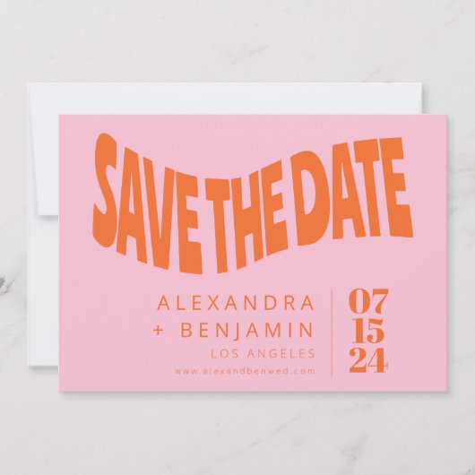 Funky Retro Mod Einzigartiges Foto Rosa Orange Cus Save The Date (Vorderseite)
