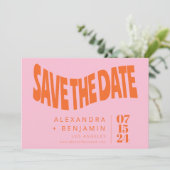 Funky Retro Mod Einzigartiges Foto Rosa Orange Cus Save The Date (Stehend Vorderseite)