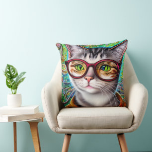 Funky Retro Niedlich Cat Wearing Brillen Artwork Kissen