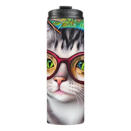 Funky Retro Niedlich Cat Wearing Brillen Artwork Thermosbecher (Vorderseite)