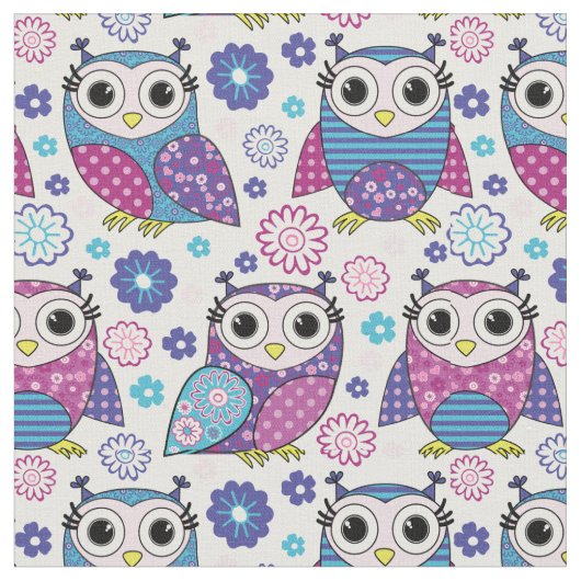 Funky Retro Owls Fabric Stoff (Nahaufnahme)