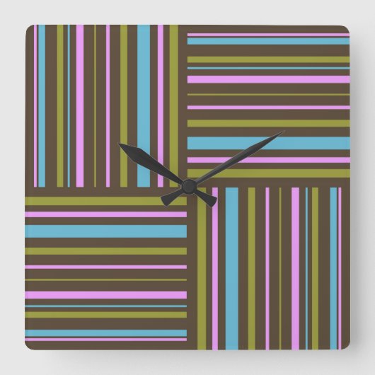 Funky retro stripes brown, pink, aqua clock quadratische wanduhr (Vorderseite)