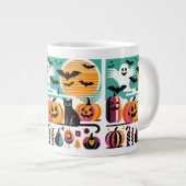 Funky Retro Wave Halloween Pumpkin Black Cat Ghost Jumbo-Tasse (Vorderseite Rechts)