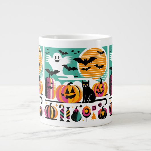 Funky Retro Wave Halloween Pumpkin Black Cat Ghost Jumbo-Tasse (Vorderseite)