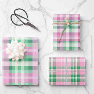 Funky rosa und grünes Kariertes Tartan-Mix-Muster Geschenkpapier Set
