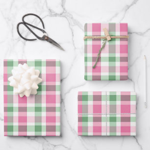 Funky rosa und grünes Kariertes Tartan-Muster Geschenkpapier Set