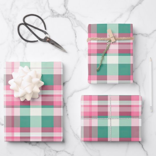 Funky rosa und grünes Kariertes Tartan-Muster Geschenkpapier Set (Vorderseite)