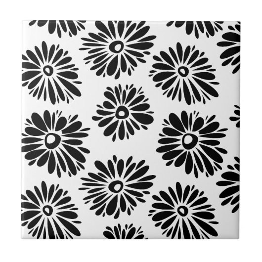 Funky Schwarz-Weiß-Blumenmuster Fliese (Vorderseite)