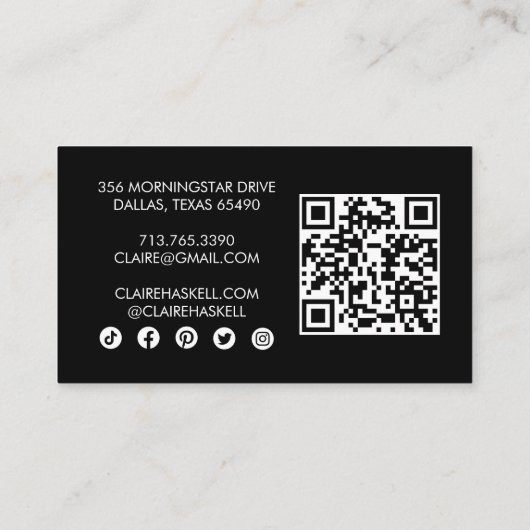 Funky Script Chic B&W Order Danke Minimal QR Visitenkarte (Rückseite)