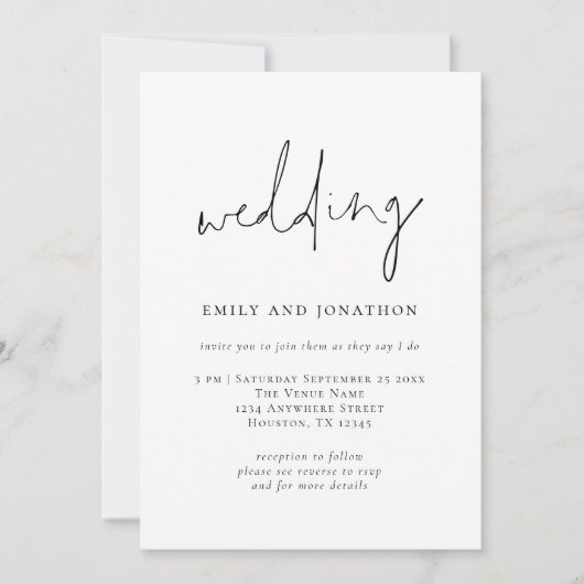 Funky Script QR Code Schwarz Weiß Hochzeit Einladung (Vorderseite)