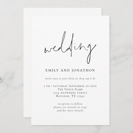 Funky Script QR Code Schwarz-weiß Wedding Einladung (Vorne/Hinten)