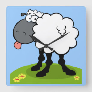 funky sheep sticking out tongue clock quadratische wanduhr
