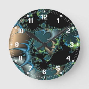 Funky Swirling Spirals Teal Black Fractal Art Runde Wanduhr