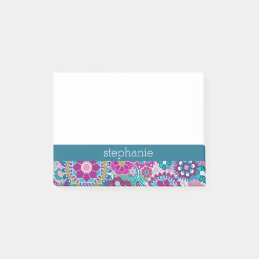 Funky Teal and Pink Floral Pattern - Add Name Post-it Klebezettel (Vorderseite)