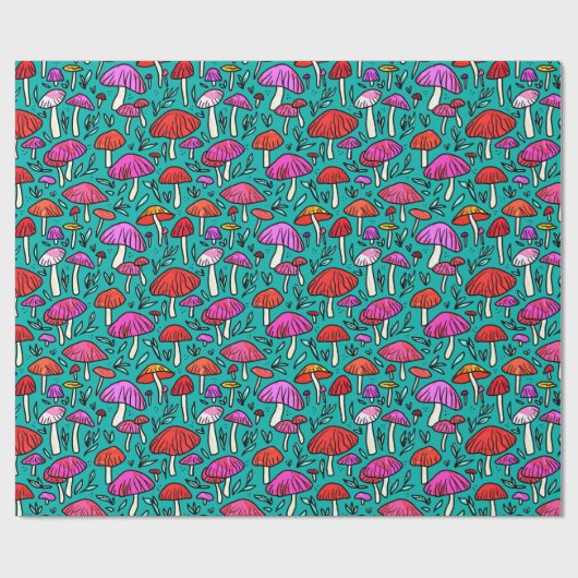 Funky Turquoise Mushroom Muster Wrapping Paper Geschenkpapier (Flach)