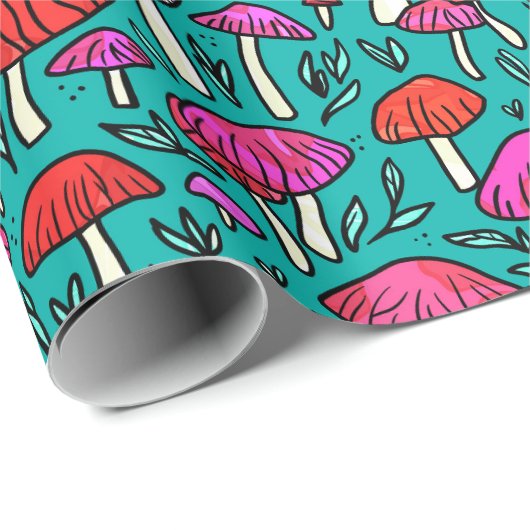 Funky Turquoise Mushroom Muster Wrapping Paper Geschenkpapier (Rolleneckpunkt)