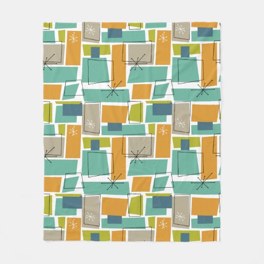 Funky Turquoise Orange Green Squares Mitte Jahrhun Fleecedecke (Vorderseite)