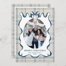 Funky Vintage Christmas Blue Bow Coquette5 Photo Feiertagskarte