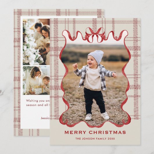 Funky Vintage Christmas Red Bow Coquette5 Photo Feiertagskarte (Vorne/Hinten)