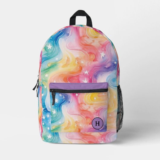 Funky Watercolor Rainbow Galaxy Monogram Bedruckter Rucksack (Vorderseite)
