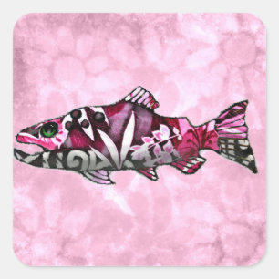 Funky Whimsical Abstrakt Lachs Fish Malerei Art Quadratischer Aufkleber
