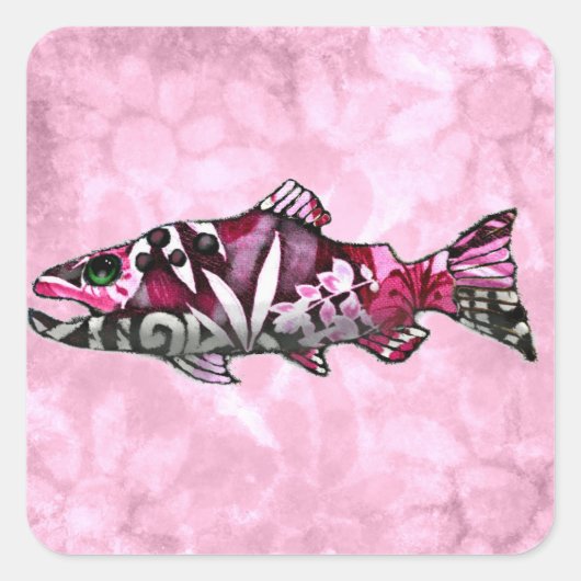 Funky Whimsical Abstrakt Lachs Fish Malerei Art Quadratischer Aufkleber (Vorderseite)
