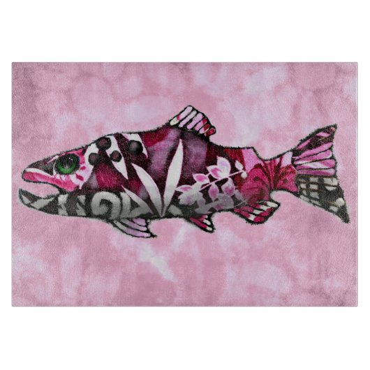 Funky Whimsical Abstrakt Lachs Fish Malerei Art Schneidebrett (Vorderseite)