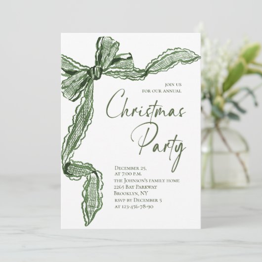 Funky Whimsical Christmas Green Bow Holiday Party Einladung (Stehend Vorderseite)