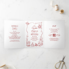 Funky Whimsical Doodles Modern Red Wedding Photo Dreifach Gefaltete Einladung