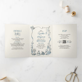 Funky Whimsical Doodles Modernes Wedding Foto Dreifach Gefaltete Einladung