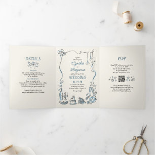 Funky Whimsical Doodles Modernes Wedding Foto Dreifach Gefaltete Einladung