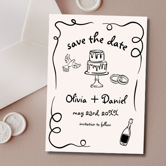 Funky Whimsical Hand Drawn Wedding Save The Date