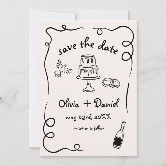 Funky Whimsical Hand Drawn Wedding Save The Date (Vorderseite)